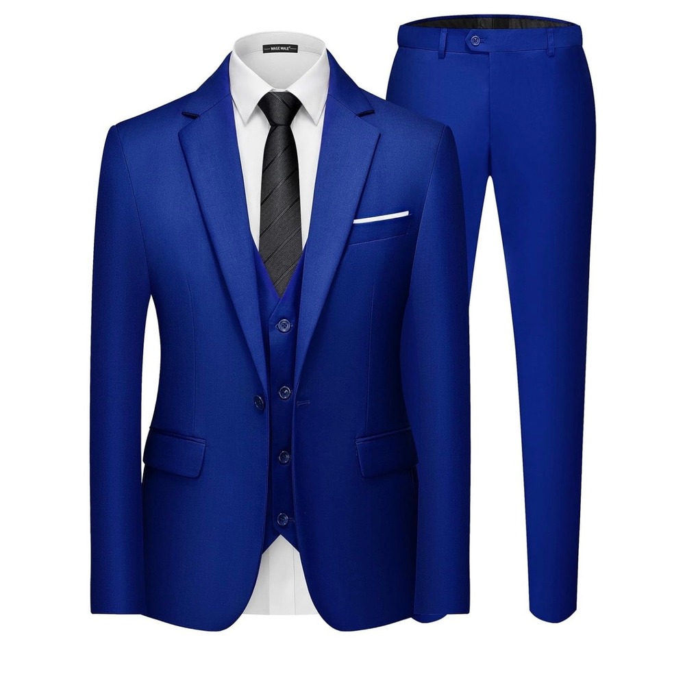 Mens Royal Blue Three Piece Suit Set Blazer/Jacket Vest Trousers